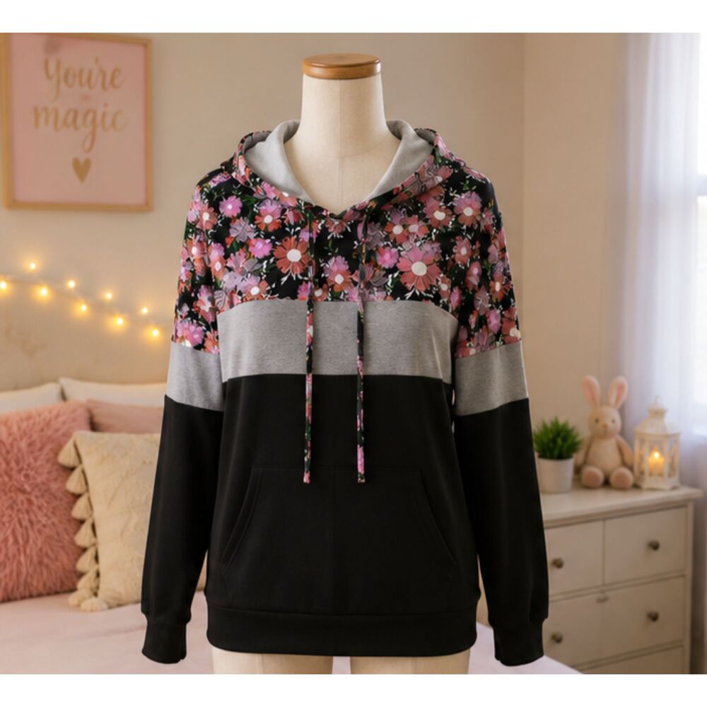 ONLYPUFF Women's Floral Color Block Hoodie Pullover Sweatshirt Pink Purple Black